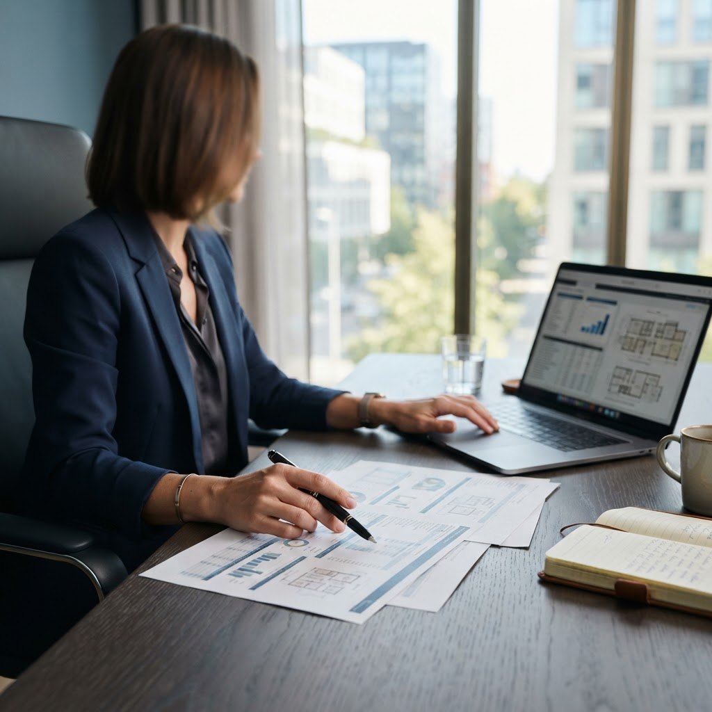 An investor reviewing property documents and a laptop at a desk